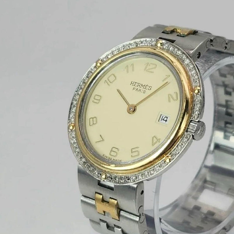 Hermes Clipper Watch Ivory Dial Diamond Bezel Boys Size H Belt Quartz Date
