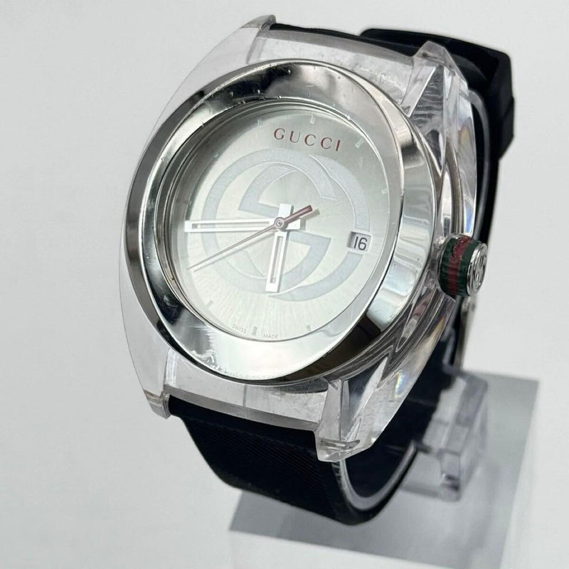 Gucci Belt 137.1 Sync Watch Silver-tone Web Stripe Quartz Date Unisex