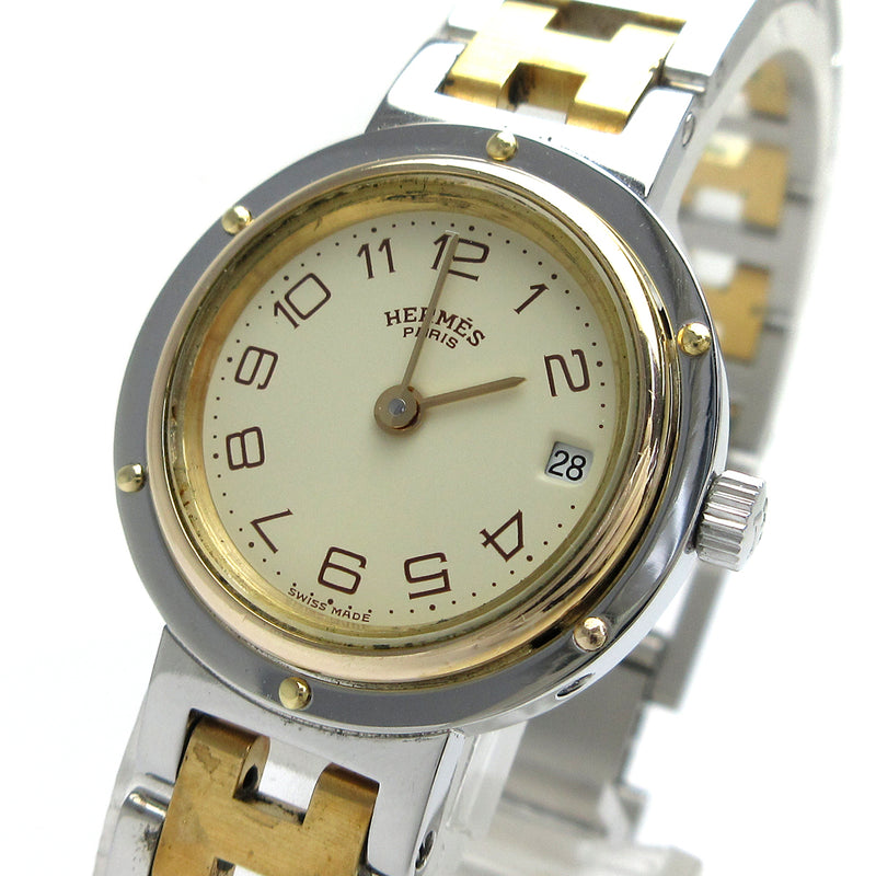 Hermes Clipper Womens Watch Gold Silver Tone Ivory Dial Quartz Elegant