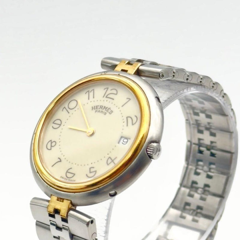 Hermes Profile Watch H Band Ivory Gold Tone Boys Size Quartz Date Unisex