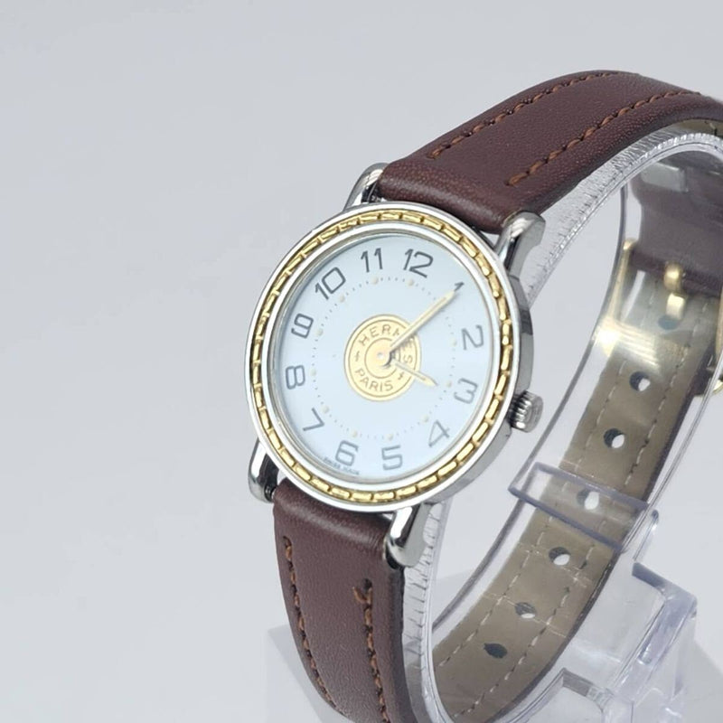 Hermes Sellier Quartz Watch Womens Ivory Dial Two-tone Engraved Belt Gold