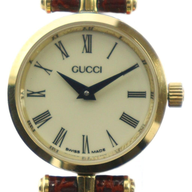 Gucci Watch Gy18 Mq Oh Womens Gold Leather Strap Roman Numeral Dial Quartz