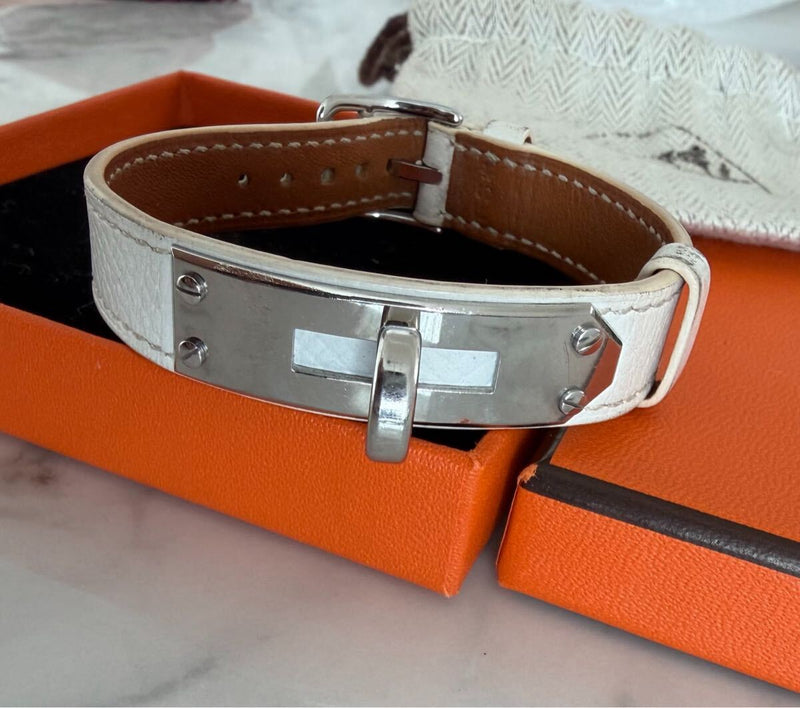 Hermes Kelly Wallet Belt Silver Hardware Leather Bracelet White Bangle Birkin