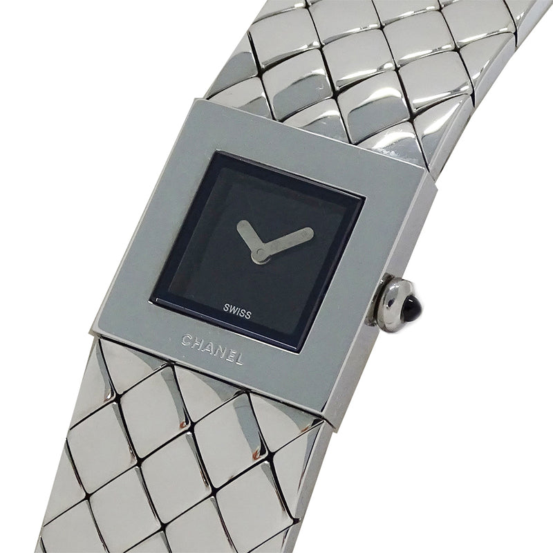 Chanel Matelasse Womens Watch H0009 Quartz Stainless Steel Silver Black Square