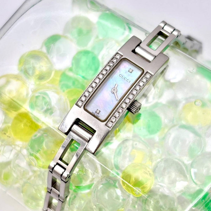 Gucci 3900l Womens Watch Diamond Bezel Shell Dial Silver Rectangular Design