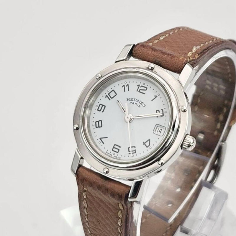 Hermes Clipper Watch White Dial Quartz Date Original Strap Womens Silver Brown