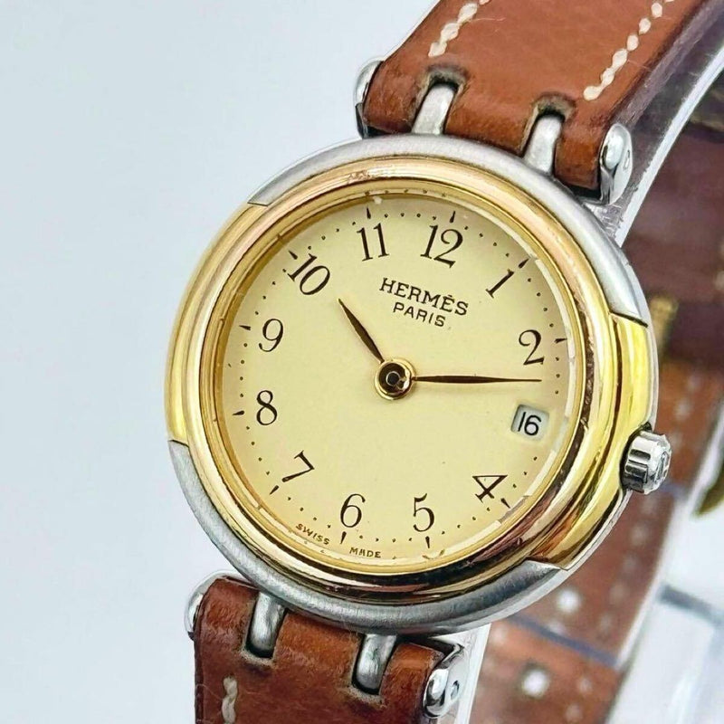 Hermes Windsor Ladies Watch Two-tone Quartz Leather Strap 2-hand Date Ivory Dial