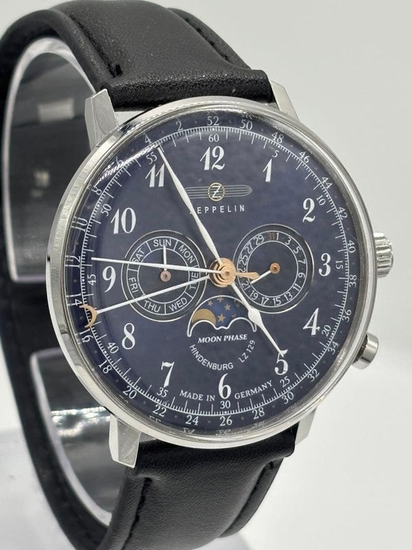 Zeppelin Quartz 7036-3 Day Date Mens Wristwatch Japanese Vintage Blue Dial