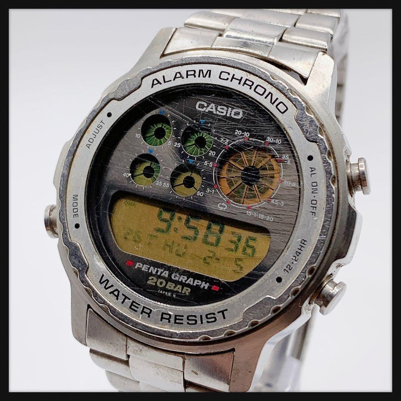 Casio Penta Graph Mens Wristwatch Vintage Japanese Digital Quartz Stainless