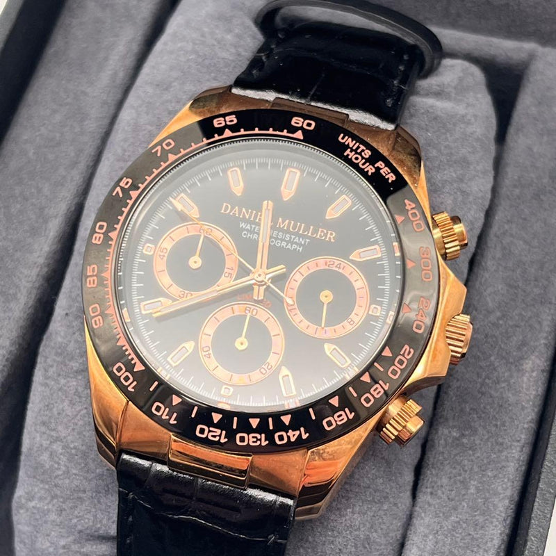 Daniel Muller Chronograph Wristwatch Dm-2029 Mens Black Japanese Quartz Vintage