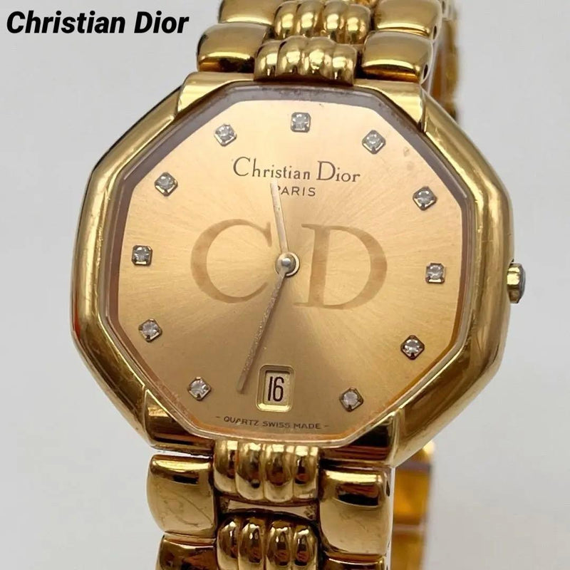 Cd Christian Dior 11p Diamond Octagon Mens Wristwatch Gold Plated Vintage