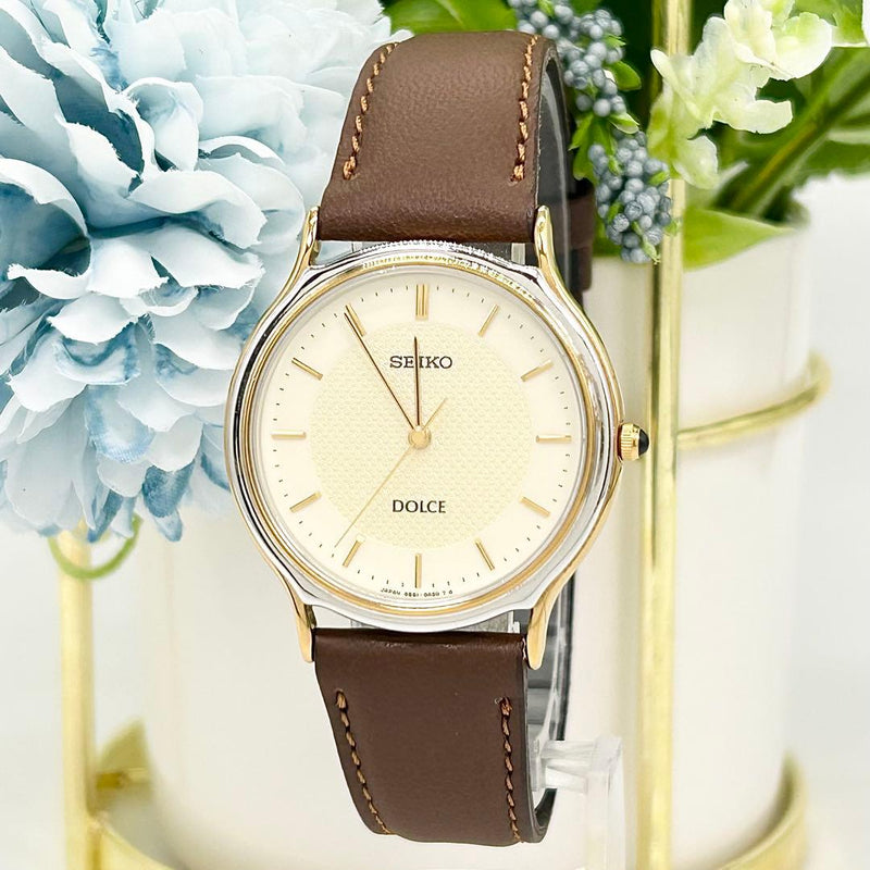 Dolce 5e61-0a20 Quartz Watch Mens Japanese Vintage Gold Tone Wristwatch