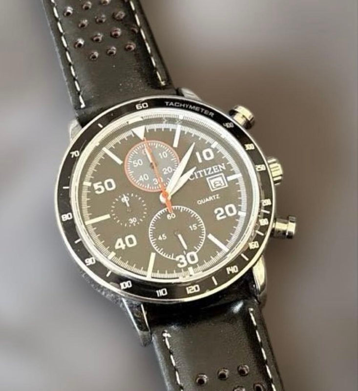 Working  Chronograph Quartz Wristwatch Japanese Vintage Mens Stainless