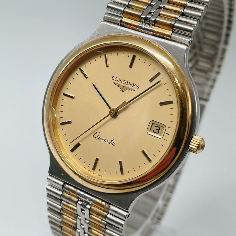 Longines Quartz Mens Wristwatch Gold Tone Date Japanese Vintage Battery