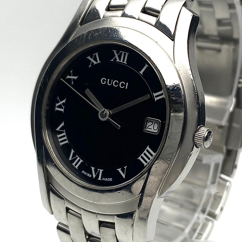 Gucci 5500m Mens Wristwatch Date Black Dial Swiss Quartz Stainless Steel