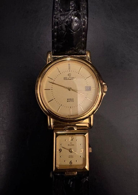 Elgin World Watch Dual Face Mens Wristwatch Japanese Vintage Quartz Gold Tone