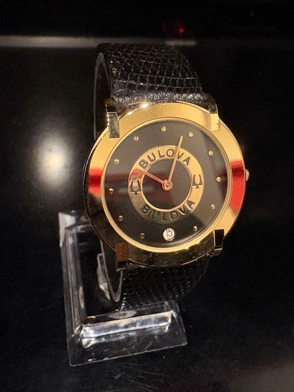 Bulova Quartz Wristwatch Black Gold Tone Japanese Vintage Mens Dress Watch