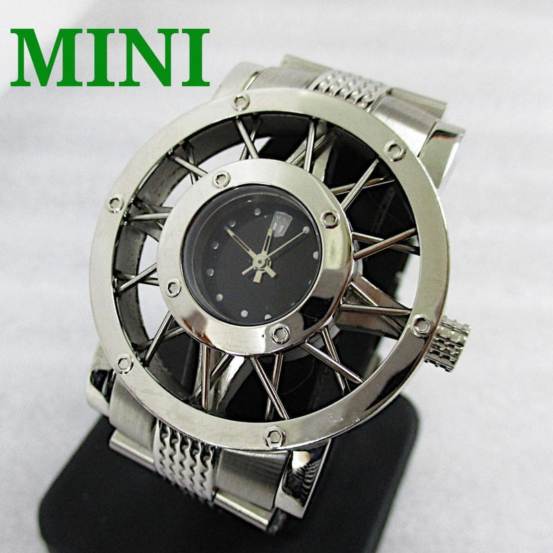 Mini Quartz Wristwatch Wheel Stainless Steel Silver Black Japanese Vintage Mens