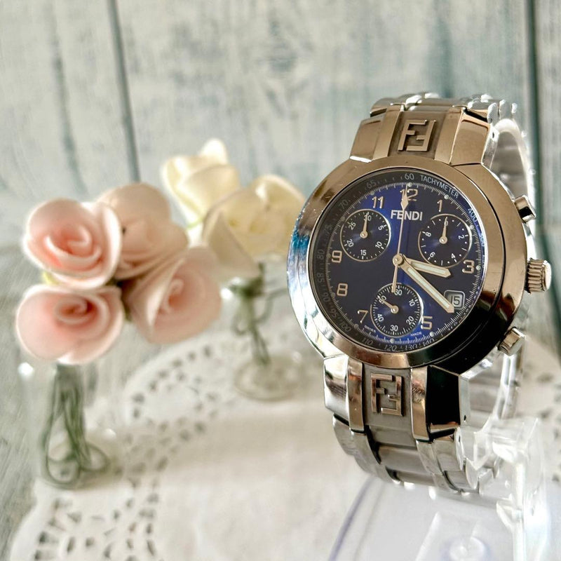 Battery Replaced Fendi 4500g Chronograph Watch Navy Blue Mens Japanese Vintage