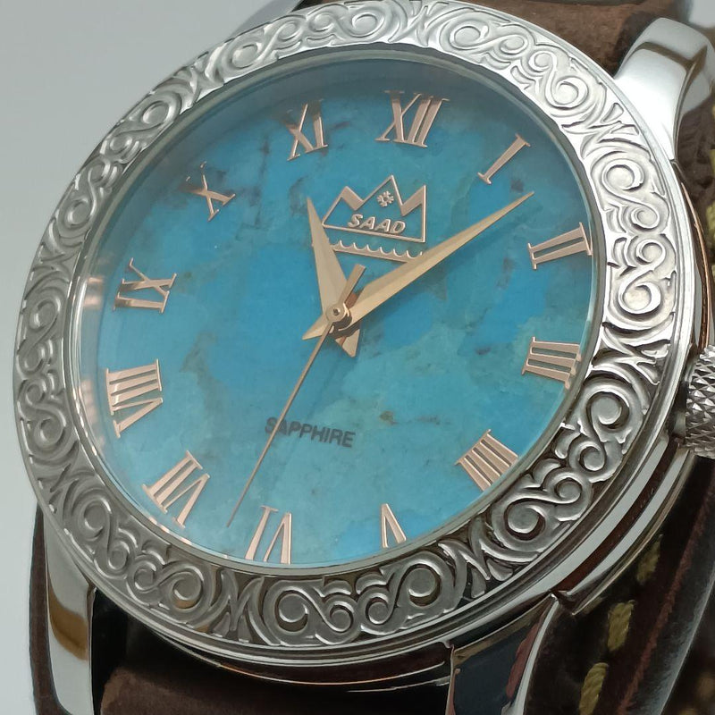 Working Saad Turquoise Silver Leather Belt Sapphire Glass Japanese Vintage Mens