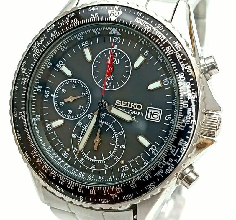 Pilot Chronograph Mens Wristwatch Black Dial Quartz Stainless Steel