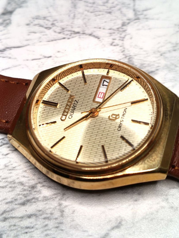 Rare Dial Citizen Crystron Vertical Cq Quartz Watch Japanese Vintage Oh