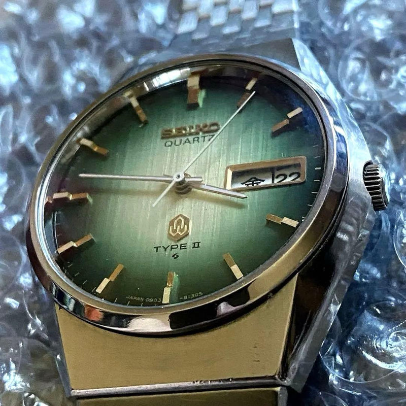 Seiko Quartz Typeii 1976 Day Date Linen Dial Japanese Vintage Mens Wristwatch