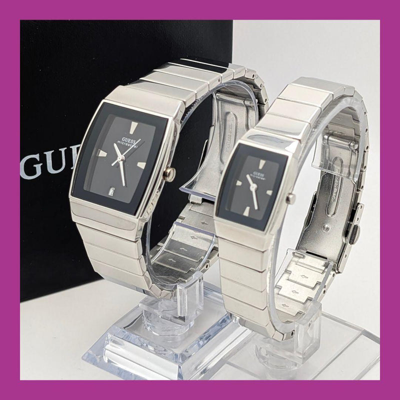 Guess Pair Watch Square Wristwatch Japanese Quartz Battery Replaced Vintage