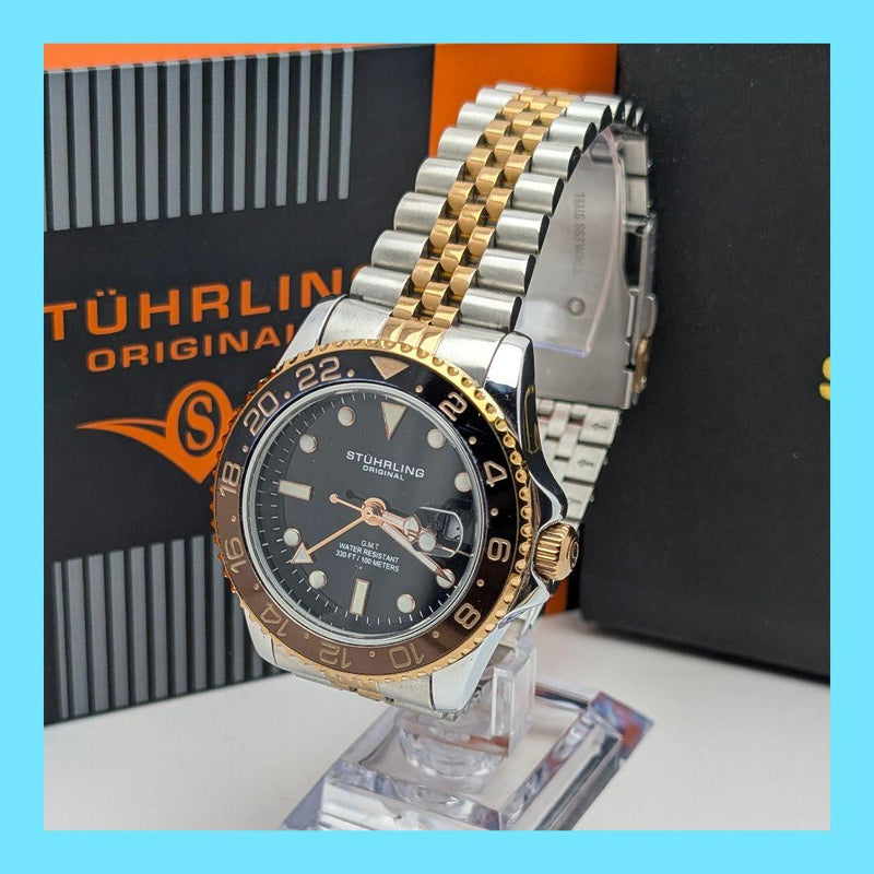 Stuhrling Gmt Mens Wristwatch Japanese Quartz Battery Replaced Stainless Steel