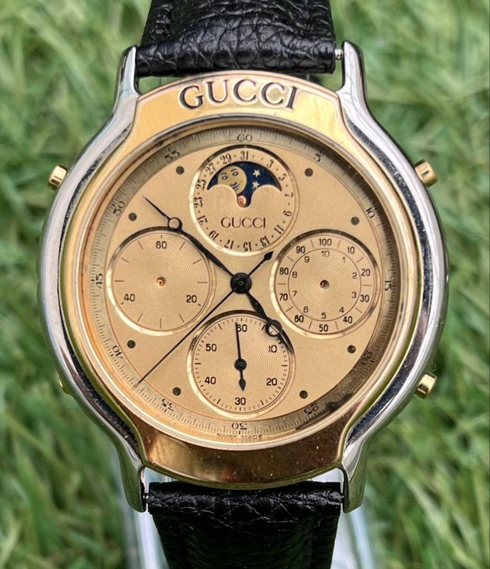 Gucci 8300 Chronograph Mens Watch Moonphase Vintage Japanese Quartz Wristwatch