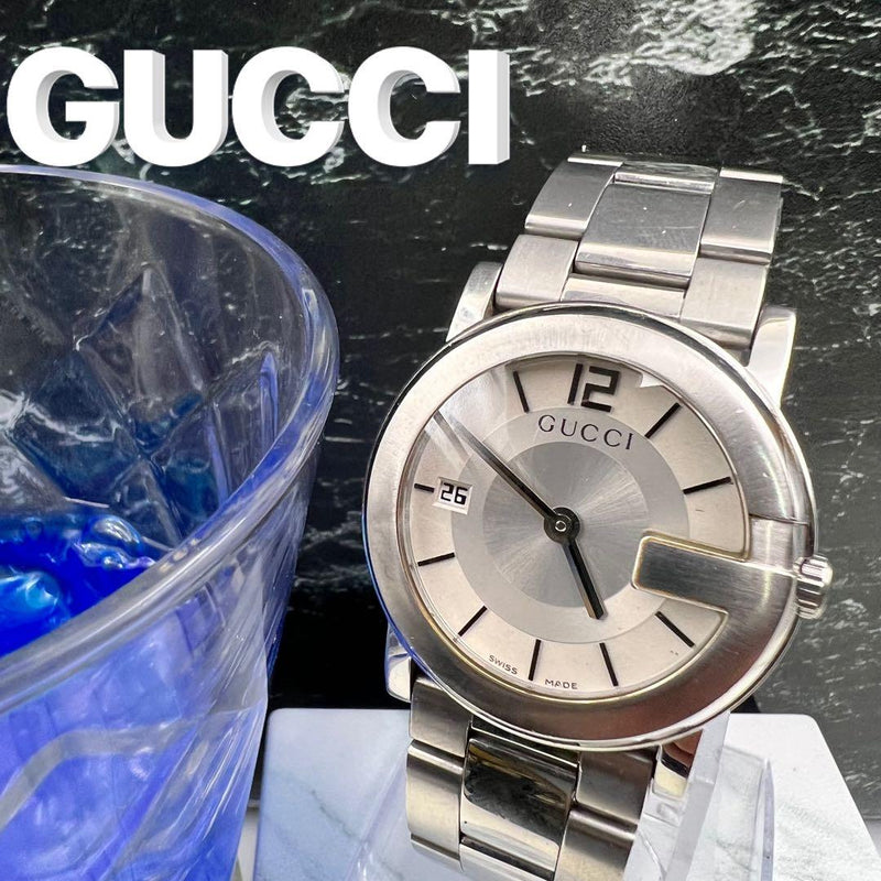 Working Gucci G-round Date Silver Mens Wristwatch Japanese Vintage Quartz