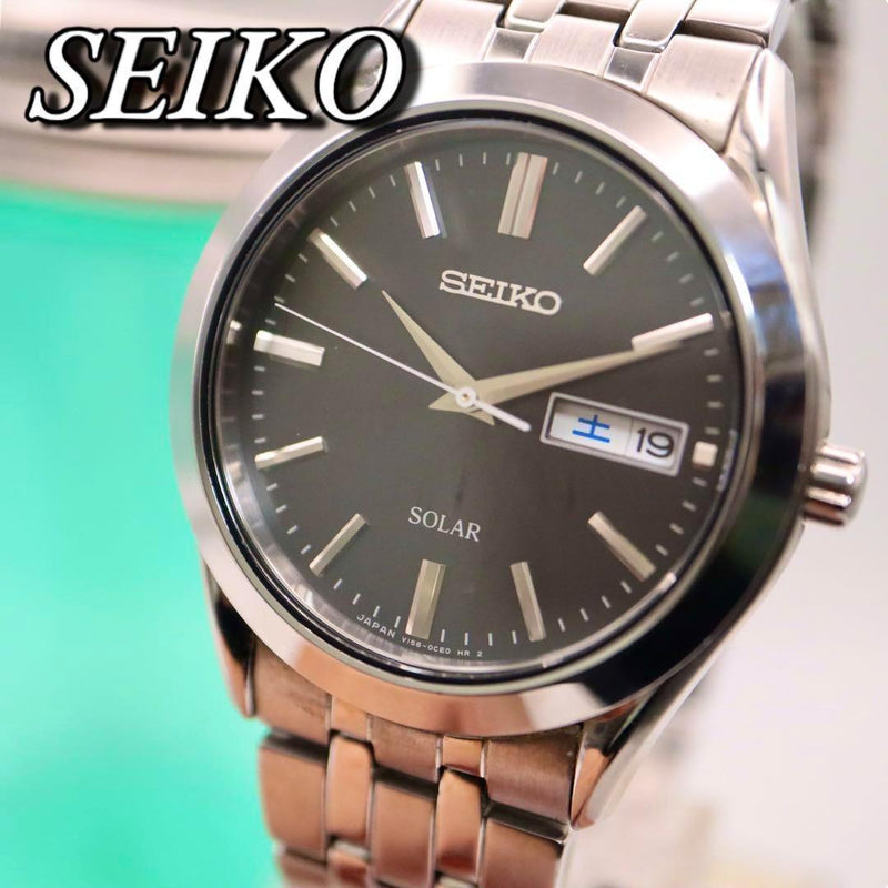 Seiko Solar Round Silver Day Date Mens Wristwatch Japanese Vintage Stainless