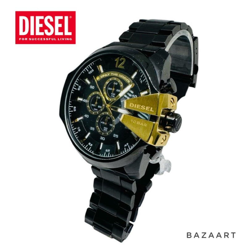 Diesel Mega Chief Dz4338 Black Gold Mens Wristwatch Stainless Steel Quartz