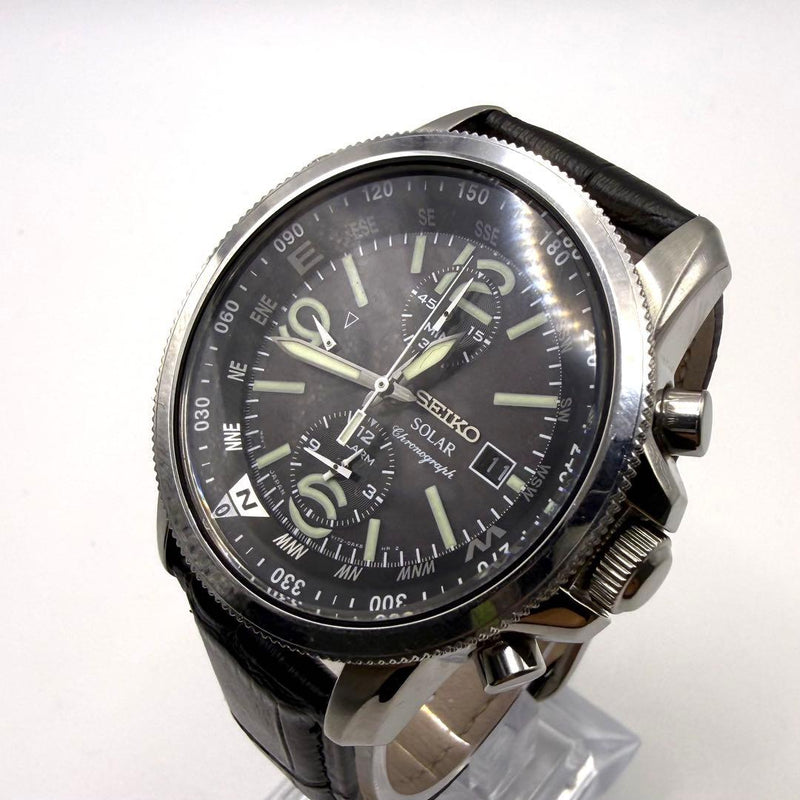 Working Solar Seiko Chronograph Pilot Mens Wristwatch Japanese Military Vintage
