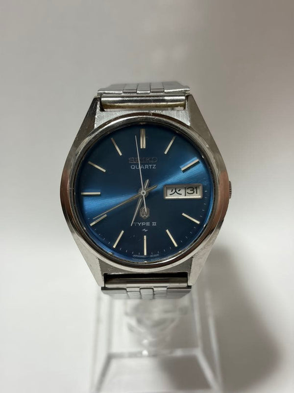Seiko Quartz Type Ii Mens Wristwatch Blue Dial Japanese Vintage Analog Quartz