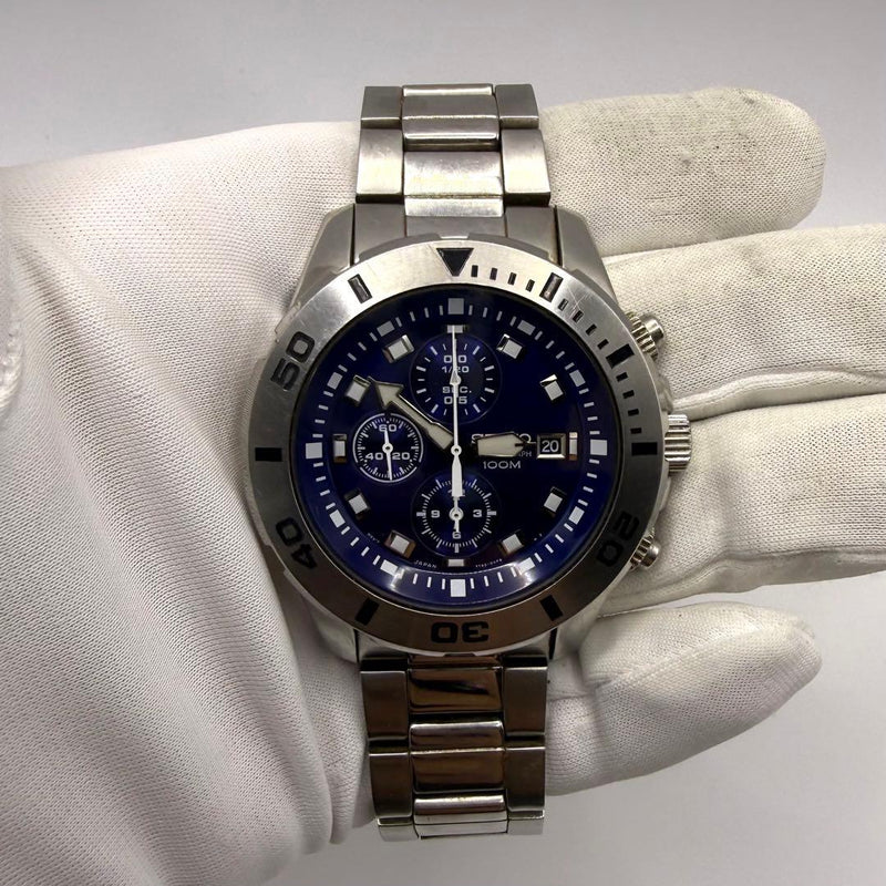 Working Battery Seiko Chronograph Blue Dial Mens Quartz Wristwatch Japanese
