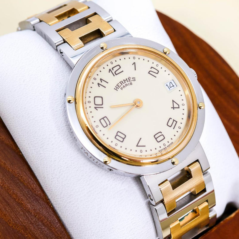 Working  Clipper Mens Wristwatch Ivory Dial Date Stainless Steel Japanese
