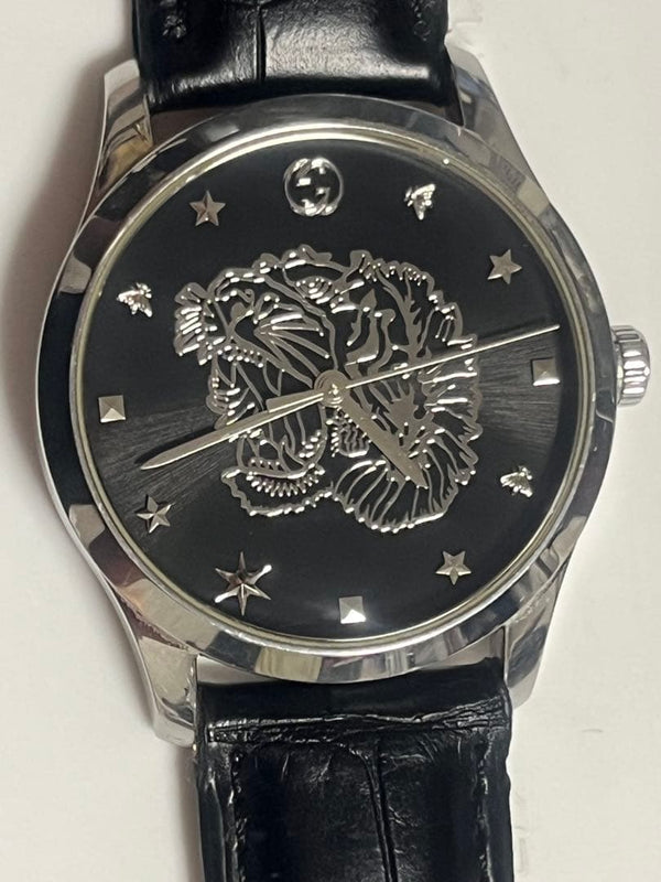 Gucci Tiger Lion Mens Wristwatch Black Stainless Steel Japanese Vintage Quartz
