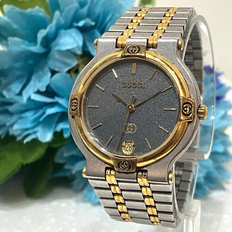 Gucci 9000m Swiss Quartz Mens Wristwatch Gold Silver Combination Vintage