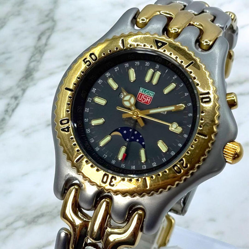 Quartz Moon Phase Mens Wristwatch Usa Gold Tone Stainless Steel Vintage