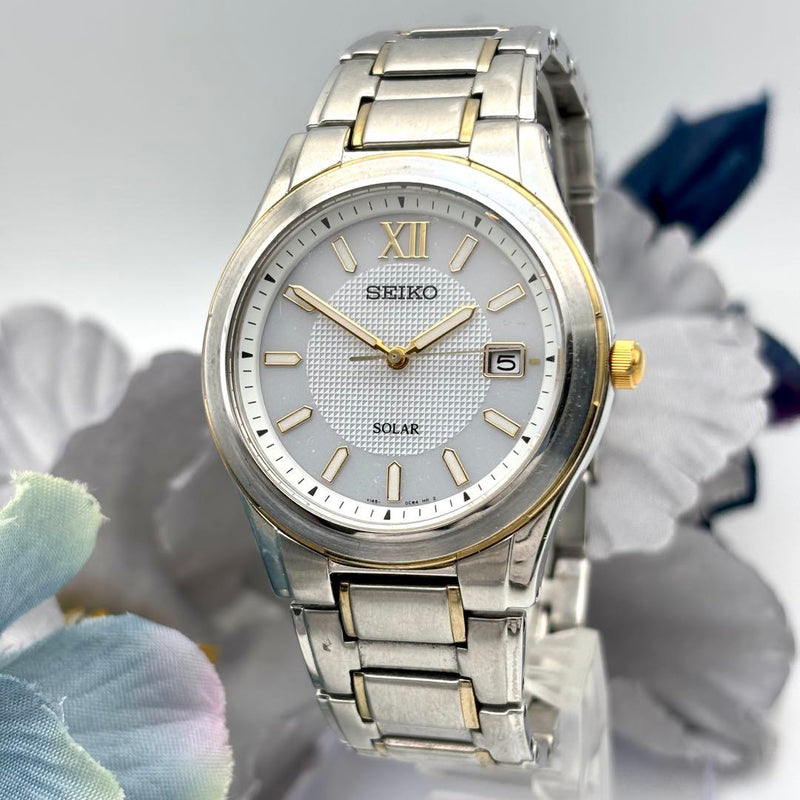 Solar Mens Wristwatch Date Two-tone Japanese Quartz Vintage Stainless