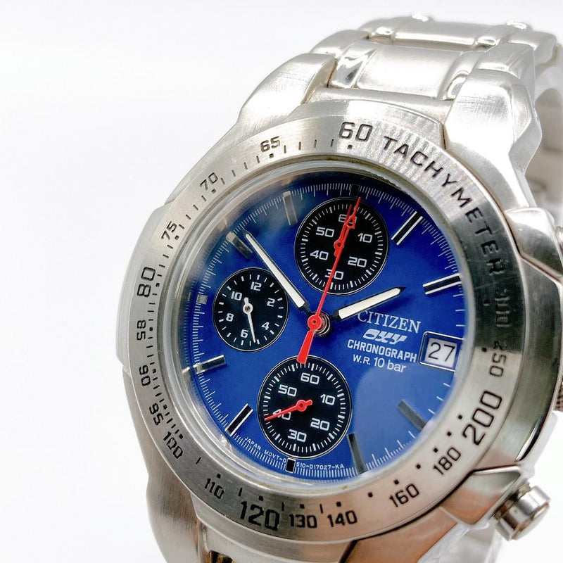 Citizen Oxy Chronograph Mens Wristwatch Blue Dial Japanese Quartz Vintage