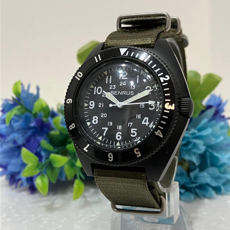 Benrus Military Watch Quartz Olive Green Dial Japanese Vintage Field Wristwatch