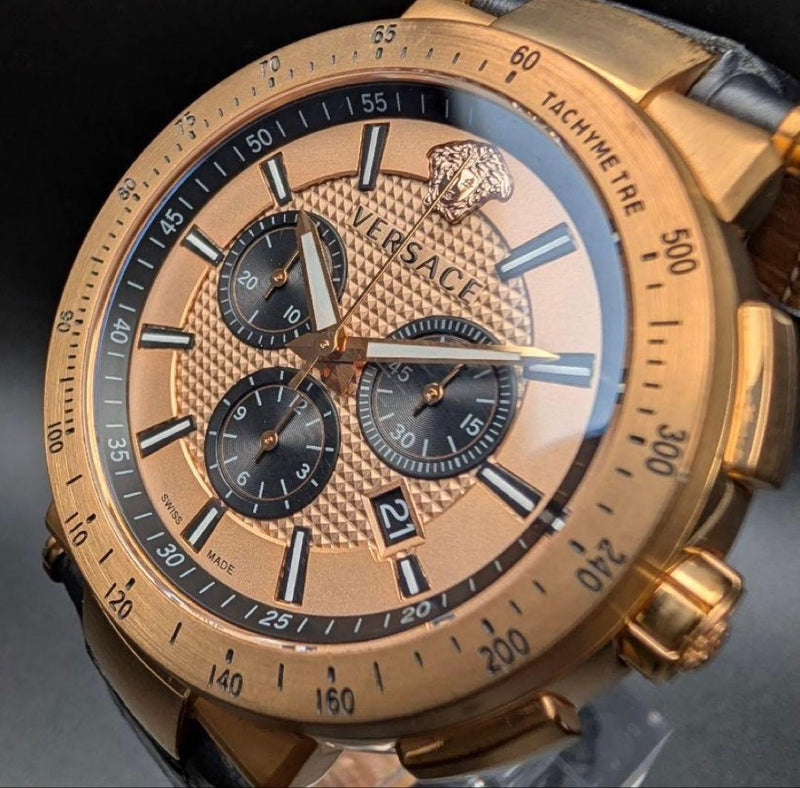 Working Versace Chronograph Rose Gold Mens Wristwatch Japanese Vintage Luxury