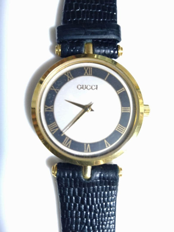 Gucci Analog Wristwatch Gold Black Japanese Vintage Quartz Ladies Stainless