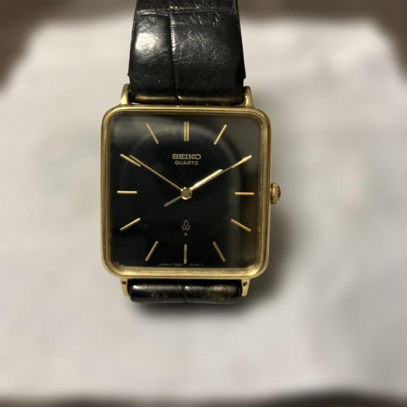 Seiko 7830-5160 Mens Wristwatch 14k Gold Plated Square Black Dial Quartz