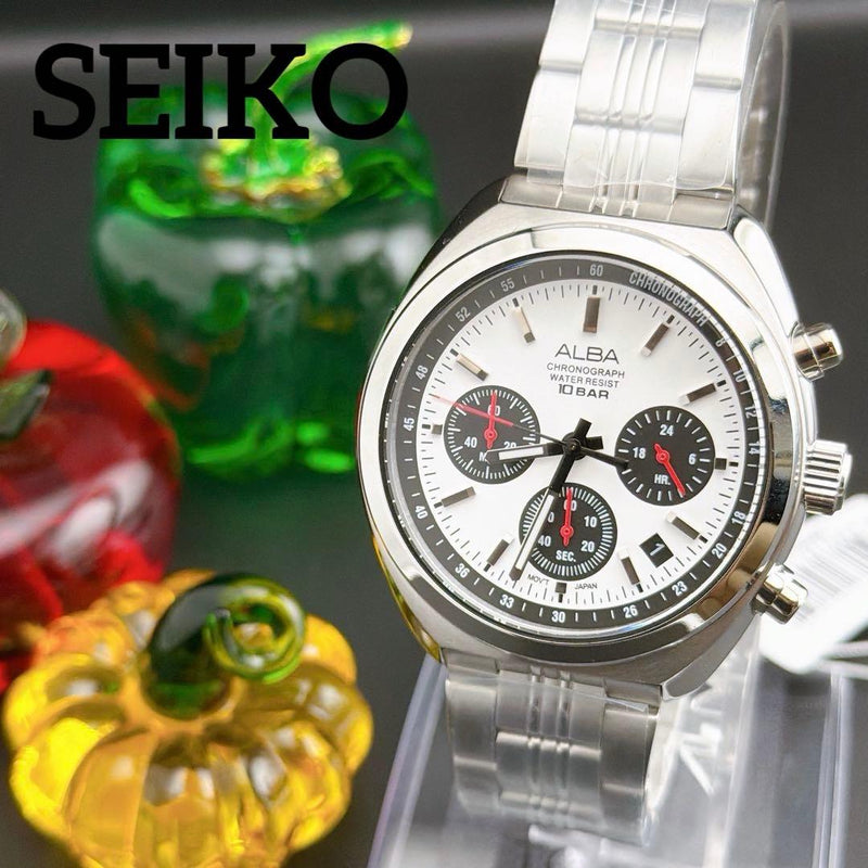 Alba Chronograph Panda Quartz Mens Wristwatch Japanese Vintage Sports