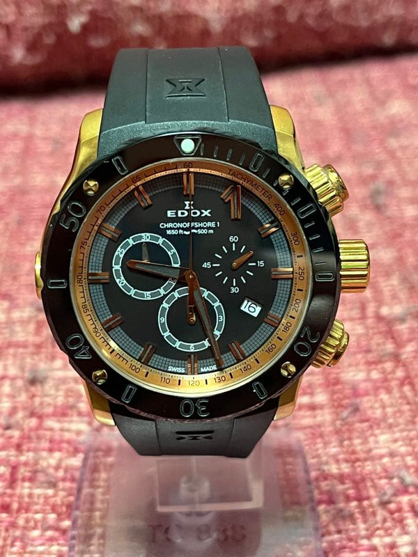Edox Chronograph Wristwatch Black Gold Vintage Swiss Quartz Mens Stainless