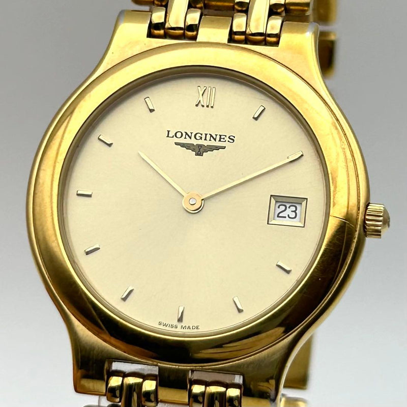 Longines L7.647.2 Mens Gold Dial Date Quartz Wristwatch Japanese Vintage