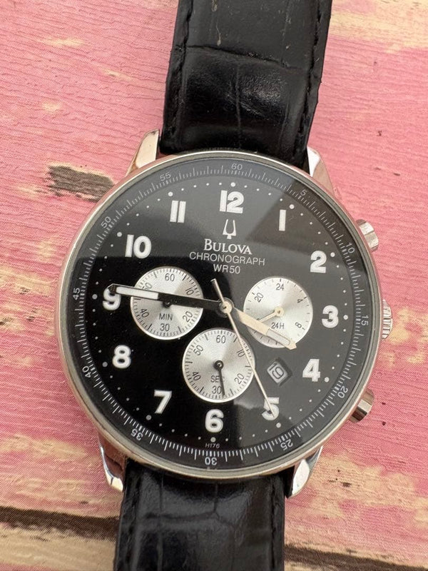 Bulova Chronograph Wr50 Mens Wristwatch Japanese Vintage Quartz Stainless Steel